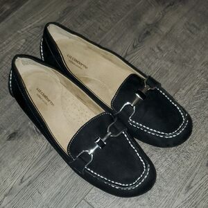 Liz Claiborne Black Fabric Suede Loafers with White Stitching Size 8M